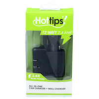 Hottips! 12 Watt 2.4 Amp All-In-One Car Charger + Wall - 1 Each