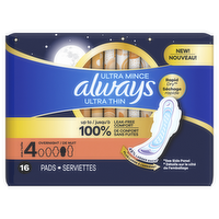 Always Ultra Thin Overnight Pads, Size 4, Unscented - 16 Count