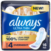 Always Ultra Thin Overnight Pads, Size 4, Overnight, Unscented - 16 Count