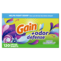 Gain + Odor Defense Dryer Sheets, Super Fresh Blast Scent Fabric Softener - 120 Count