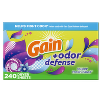 Gain + Odor Defense Dryer Sheets, Super Fresh Blast Scent Fabric Softener - 240 Count