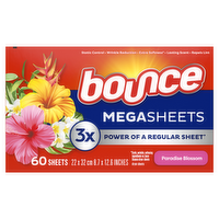 Bounce Mega Dryer Sheets, Paradise Blossom, Fabric Softener With Static Control, Wrinkle Reduction, Extra Softness, Lasting Scent, Repels Lint - 60 Count