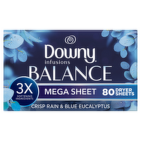 Downy Infusions Mega Dryer Sheets, Laundry Fabric Softener, Balance, Crisp Rain And Blue Eucalyptus - 80 Count