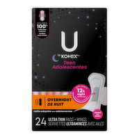 U by Kotex Teen Overnight Ultra Thin Pads + Wings - 24 Count