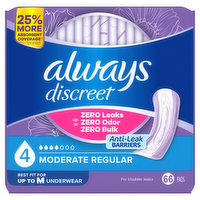 Always Discreet Adult Incontinence Pads For Women, Moderate Absorbency, Regular Length, Postpartum Pads - 66 Count