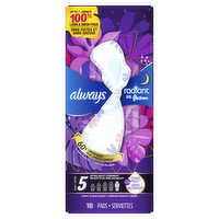 Always Radiant With Flexfoam Pads, Size 5, Extra Heavy Overnight Absorbency, Wings, Lightly Scented - 18 Count