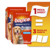 Bounce Pet Hair And Lint Guard Mega Dryer Sheets With 3X Fighters, Fresh Scent, , Sheets, Remover For Laundry - 130 Count