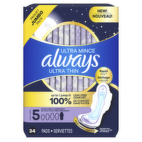 Always Ultra Thin Overnight Pads, Size 5, Extra Heavy Unscented - 34 Count