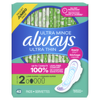 Always Ultra Thin Feminine Pads With Wings For Women, Size 2, Long Super Absorbency, Unscented - 42 Count