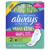 Always Ultra Thin Feminine Pads With Wings For Women, Size 2, Long Super Absorbency, Unscented - 42 Count