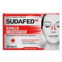 Sudafed Pe Max Strength Non-Drowsy Sinus Decongestant Tablets - 18 Ounce