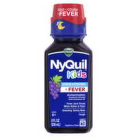 Vicks Nyquil Kids Grape Cold & Cough + fever Multi-Symptom Relief Liquid, Nighttime Of Sore Throat, Sneezing, Runny Nose And Fever, Great-Tasting Flavored Medicine, Specially Formulated For Ages 6+ - 8 Ounce