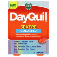 Vicks Dayquil Severe Cold & Flu Over-The-Counter Medicine, Powerful Non-Drowsy Daytime Relief For Headache, Fever, Sore Throat, Minor Aches And Pains, Chest Congestion, Stuffy Nose, Nasal Sinus Pressure, Cough, 24 Liquicaps - 24 Count