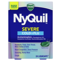 Vicks Nyquil Severe Cold & Flu Over-The-Counter Medicine, Powerful Nighttime Relief For Headache, Fever, Sore Throat, Minor Aches And Pains, Nasal Congestion, Sinus Pressure, Sneezing, Runny Nose Cough, 24 Liquicaps - 24 Count