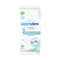Waterwipes Unscented Wet Sensitive+ On The Go Wipes, 3-In-1 Cleans, Cares, Protects, 99.9% Water, Unscented & Hypoallergenic - 28 Count