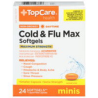 TopCare Cold & Flu Max, Maximum Strength, Daytime, Non-Drowsy, Minis, Softgels