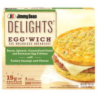 Jimmy Dean Jimmy Dean Delights Egg’wich Breakfast Sandwiches with Bacon, Spinach, Caramelized Onions, and Parmesan Egg Frittatas with Turkey Sausage and Cheese, Breadless, Frozen, 4 Count