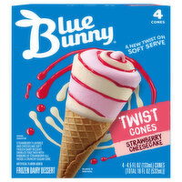 Blue Bunny Frozen Dairy Dessert, Strawberry Cheesecake, Twist Cones