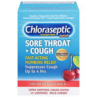 Chloraseptic Sore Throat + Cough, Sugar Free, Lozenges, Wild Cherry