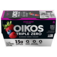 Oikos Yogurt, Nonfat, Blended Greek, Mixed Berry Flavored, 4 Pack