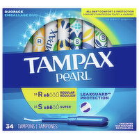 Tampax Tampons, Regular/Super Absorbency, Unscented, Duopack - 34 Each 