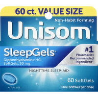 Unisom Nighttime Sleep-Aid, 50 mg, Softgels, Value Size - 60 Each 