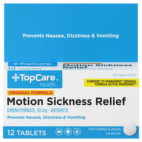 TopCare Motion Sickness Relief, Original Formula, 50 mg, Tablets - 12 Each 