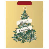 Hallmark 9" Medium Christmas Gift Bag (Gold, Evergreen Tree, "Merriest Christmas") - 1 Each 