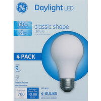 Ge Light Bulbs, LED, Daylight, Classic Shape, 8 Watts, 4 Pack - 4 Each 