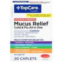 TopCare Mucus Relief, Maximum Strength, Cold & Flu All in One, Caplets - 20 Each 