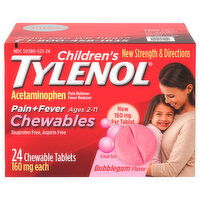 Tylenol Acetaminophen, Pain + Fever, 160 mg, Bubble Gum Flavor, Children's, Chewable Tablets - 24 Each 