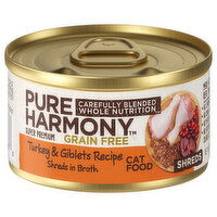 Pure Harmony Cat Food, Grain Free, Turkey & Giblets Recipe Shreds in Broth, Super Premium - 3 Ounce 