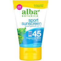 Alba Botanica Fragrance Free Broad Spectrum SPF 45 Sport Sunscreen Lotion - 4 Ounce 