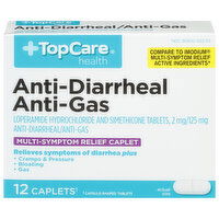 TopCare Anti-Diarrheal/Anti-Gas, Multi-Symptom Relief, Caplets - 12 Each 