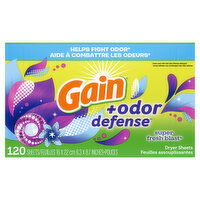 Gain + Odor Defense Dryer Sheets, Super Fresh Blast Scent - 120 Each 