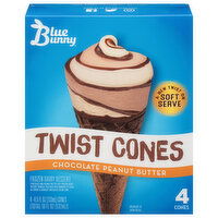 Blue Bunny Frozen Dairy Dessert, Chocolate Peanut Butter, Twist Cones - 4 Each 