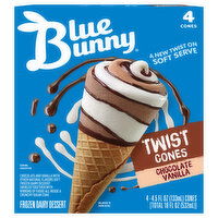 Blue Bunny Frozen Dairy Dessert, Chocolate Vanilla, Twist Cones - 4 Each 