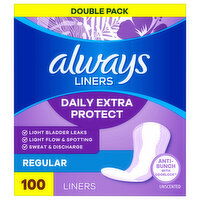 Always Liners, Daily Extra Protect, Regular, Unscented, Double Pack - 100 Each 