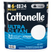 Cottonelle Toilet Paper, Ultra Clean, Mega Rolls, 1-Ply - 6 Each 