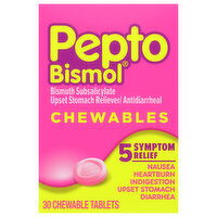 Pepto Bismol Upset Stomach Reliever/Antidiarrheal, Chewable Tablets, 5 Symptom Relief - 30 Each 