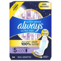 Always Pads, Ultra Thin, Extra Heavy Overnight, Size 5, Jumbo Pack - 34 Each 