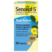 Senokot-S Laxative Ingredient + Stool Softener, Natural Vegetable, Dual Action, Tablets - 30 Each 