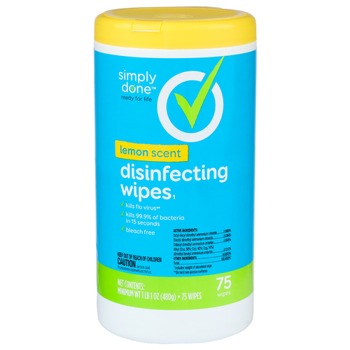 Simply Done Lemon Scent Disinfecting Wipes - 0.227 Ounce - 75 Count