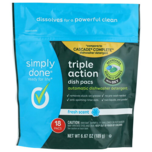 Simply Done Fresh Triple Action Automatic Dishwasher Detergent Dish Pacs - 0.371 Ounce - 18 Count Image 1 of 3