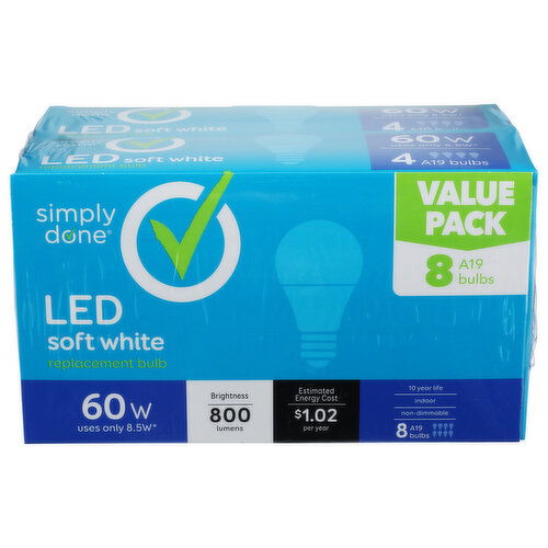 Simply Done  Value Pack A19 60W LED Soft White Bulbs - 8 Count
