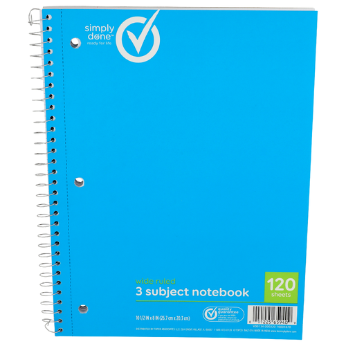 Simply Done Wide Ruled 3 Subject Notebook - 1 Each