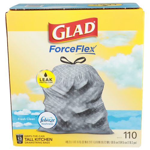 Glad Fresh Clean With Febreze Freshness Force Flex Forceflex Grips-The-Can Tall Kitchen Drawstring Bags - 110 Count