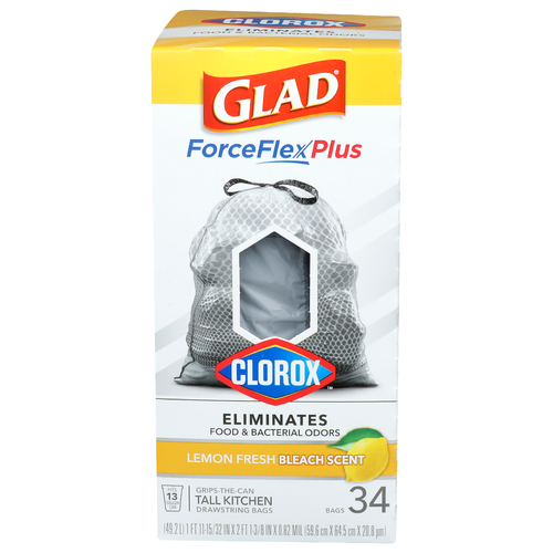 Clorox Lemon Fresh Bleach Scent Forceflex Plus Grips-The-Can Tall Kitchen Drawstring Bags - 34 Count