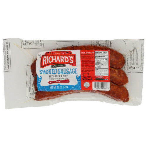 RICHARDS CAJUN FOODS V.p. Smoked Hot Pork & Beef Sausage - 16 Ounce