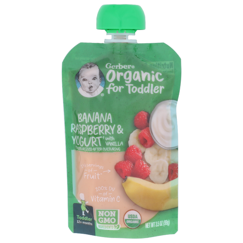 Gerber Banana Raspberry & Yogurt† With Vanilla †pasteurized After Culturing Toddler 12+ Months Organic For †pasteurized - 3.5 Ounce